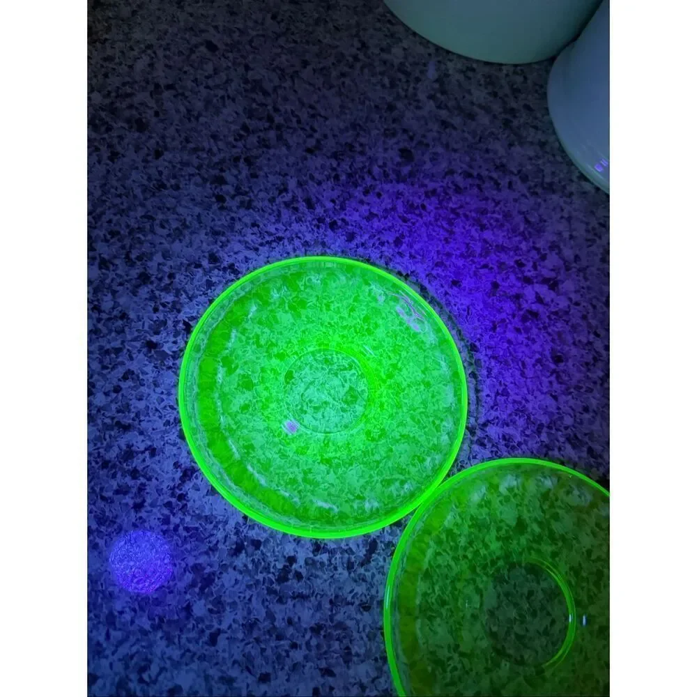 Vintage Federal Green Depression Uranium Glass Saucers Plates 5.5 Inch Set of 2